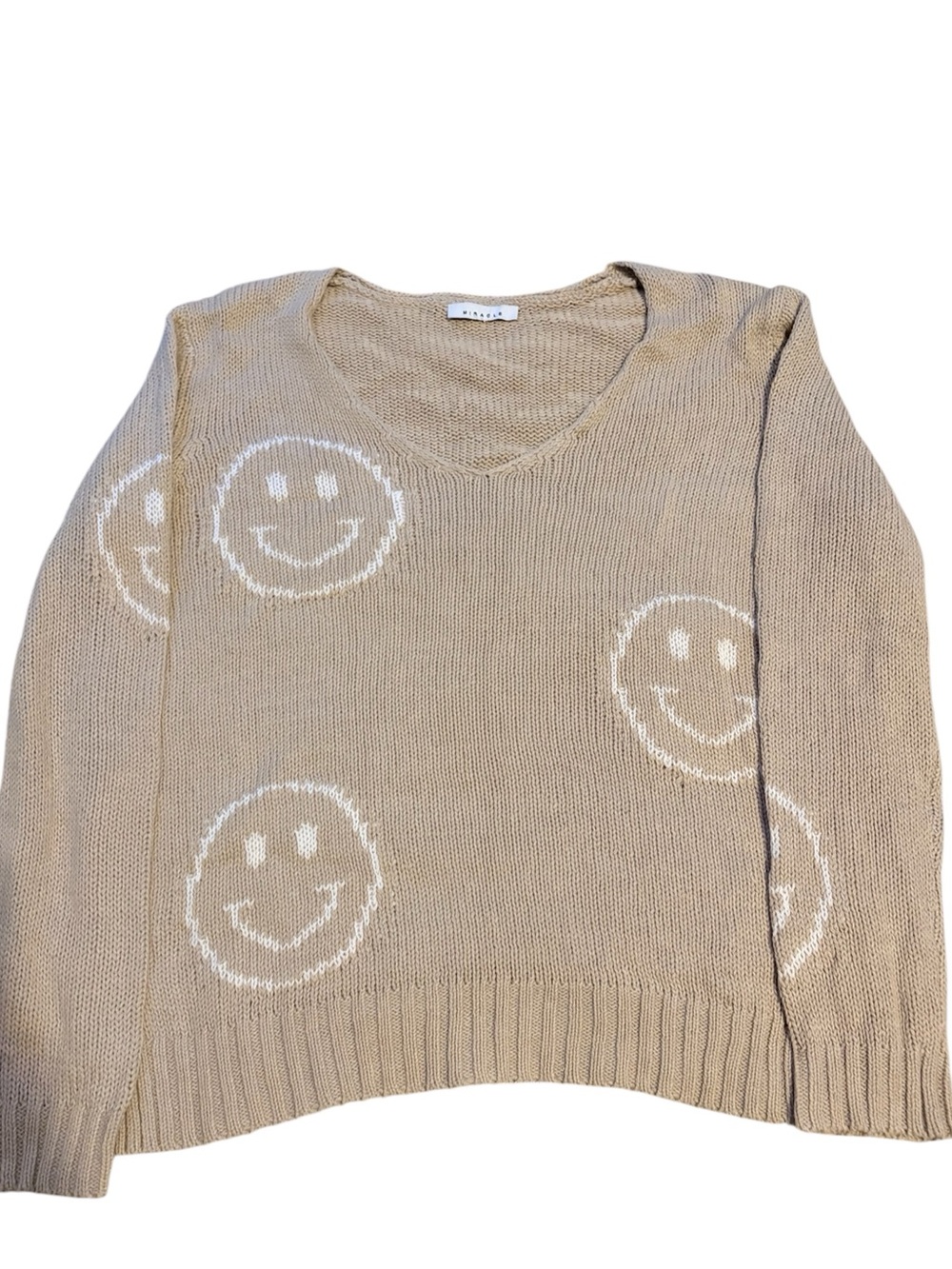Miracle Tan V-Neck Sweater with White Smiley Motifs